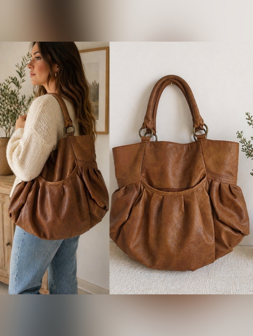 Brown Slouchy Tote Bag Distressed Faux Leather Pleated Hobo Shoulder Purse Large